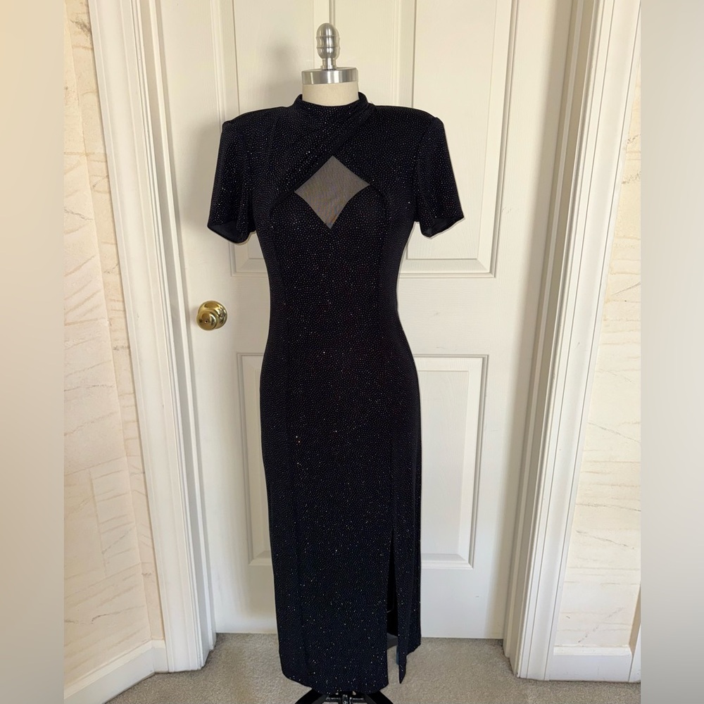 Vintage S.L. Fashions Midnight Black Multicolor Sparkle Midi Slit Dress
